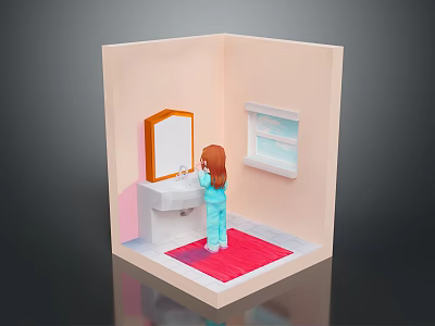 Bathroom Interior With Girl Washing Hands At Sink Mirror Window And Red Rug 3d model