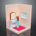 Bathroom Interior With Girl Washing Hands At Sink Mirror Window And Red Rug