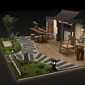 Traditional Chinese Courtyard Design With Rockery Small Bridge And Green Plants