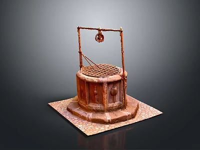 Traditional Ancient Well Architecture With Wooden Pulley Circular Grille And Stone Base 3d model