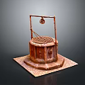 Traditional Ancient Well Architecture With Wooden Pulley Circular Grille And Stone Base