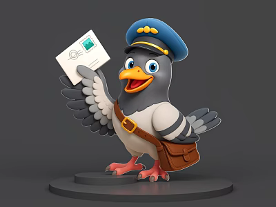 Cute Pigeon Wearing Blue Hat Carrying Brown Mailbag Holding Letter Standing On Platform 3d model