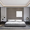 Modern Bedroom With Wooden Wall Paneling Large Bed Bedside Tables Hanging Lamps And Area Rug