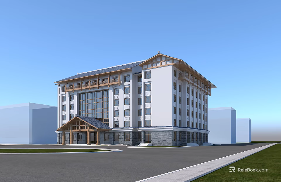 Multi Story Modern Office Building With White Exterior Wooden Accents And Large Windows 3d model 