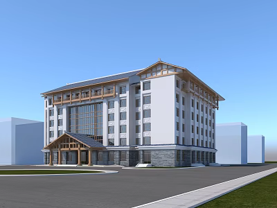 Multi Story Modern Office Building With White Exterior Wooden Accents And Large Windows 3d model
