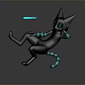 Black Cartoon Cat Like Robot With Glowing Blue Elements Kicking Frisbee On Gray Background 3d model