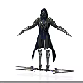 Hooded Armored Character In Blue And Silver Armor With Outstretched Arms And Weapons At Feet
