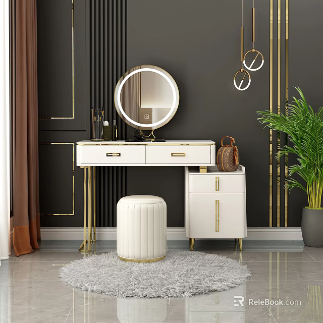 Modern White Dressing Table With Gold Accents Round Mirror And Padded Stool 3d model