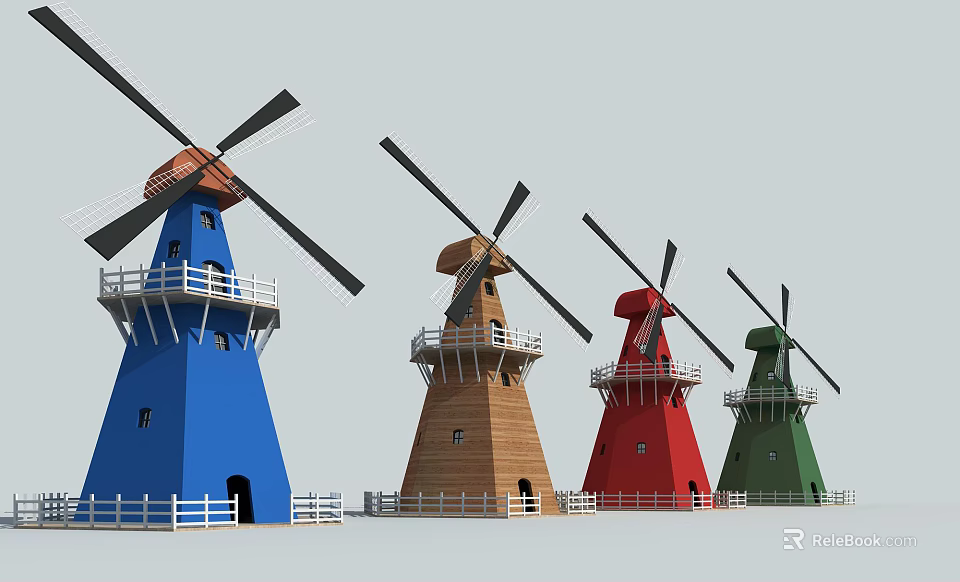 Colorful Windmill Architectural Components With Blades Tower Bodies And Fences In Blue Brown Red Green 3d model 