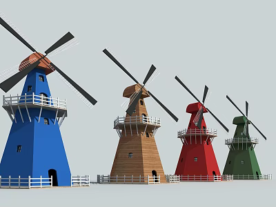 Colorful Windmill Architectural Components With Blades Tower Bodies And Fences In Blue Brown Red Green 3d model