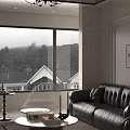 Elegant Warm Vintage Living Dining Room Interior With Black Leather Sofa And Panoramic French Window