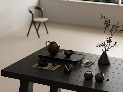 Decorative Ornament Set with Teapot Tea Cups Tray Vase Plant and Small Ornaments on Table 3d model