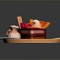 Delicious Red Cake Slice With Cream Berries Waffle Sticks And Milk Jug On Orange Plate