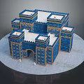 Cartoon Scene of Ancient Palace with Blue Walls Golden Decorations White Towers and Circular Platform