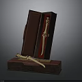 Antique Bone Carved Weapon Displayed in Open Red Decorative Box with Gold Accents