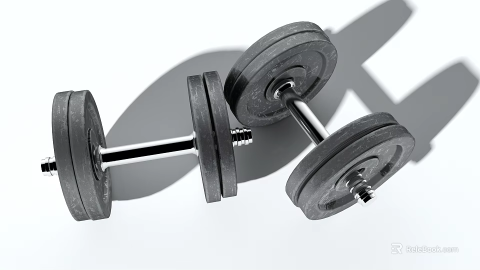 Black Dumbbells With Metal Bar Weight Plates And Shadow On White Background 3d model 