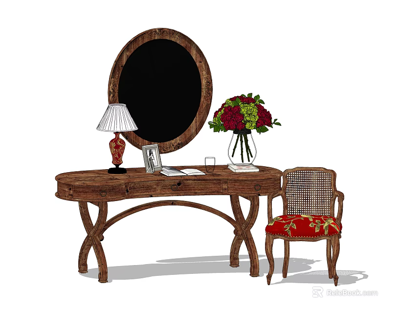 Elegant Wooden Dressing Table With Mirror Table Lamp Photo Frame Vase Flowers And Rattan Chair 3d model 
