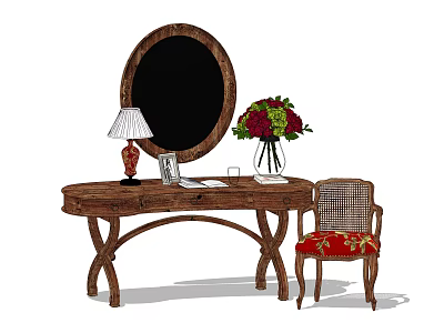 Elegant Wooden Dressing Table With Mirror Table Lamp Photo Frame Vase Flowers And Rattan Chair 3d model
