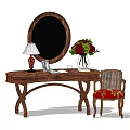Elegant Wooden Dressing Table With Mirror Table Lamp Photo Frame Vase Flowers And Rattan Chair