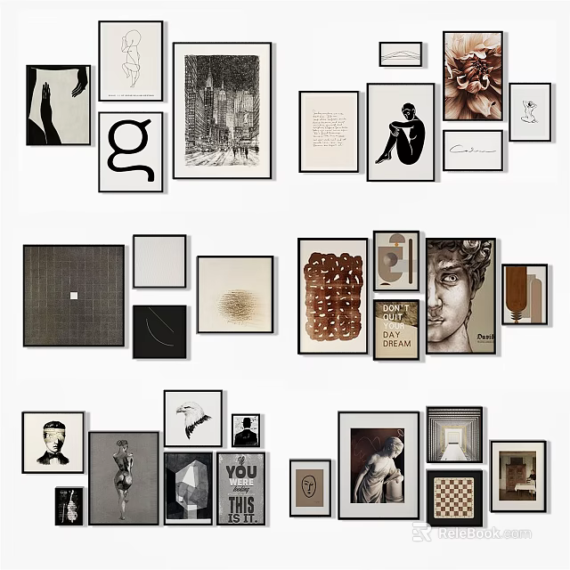 Diverse Framed Wall Art Collection With Black White And Colorful Portraits 3d model 