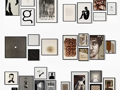 Diverse Framed Wall Art Collection With Black White And Colorful Portraits 3d model