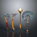 Medieval Battle Weapons Collection Featuring Axes Hammers With Ornate Handles And Unique Head Designs