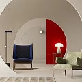 Modern Navy Light Green Single Sofa with Circular Arch Red Wall and Table Lamp 3d model