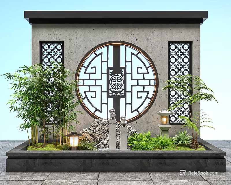Traditional Chinese Scenic Wall With Circular Lattice Window Ornate Pattern Bamboo Greenery And Lanterns 3d model 