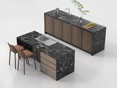 Modern Bar Counter With Black Marble Top Wooden Cabinets Brown Stools Sink Plant Fruit Tray 3d model