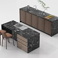 Modern Bar Counter With Black Marble Top Wooden Cabinets Brown Stools Sink Plant Fruit Tray