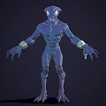 Blue Creature 3D Model Featuring Glowing Eyes Arm Ornaments Muscular Build Front And Back Views 3d model