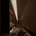 Modern Elevator Hallway Interior With Wooden Panel Walls Recessed Lighting Patterned Carpet And Decorative Plants