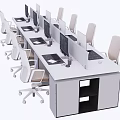 Modern Office Workspace With Multiple Desks Computer Monitors And White Chairs 3d model