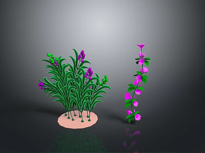 Potted Plants With Green Leaves Purple And Pink Flowers On Base 3d model