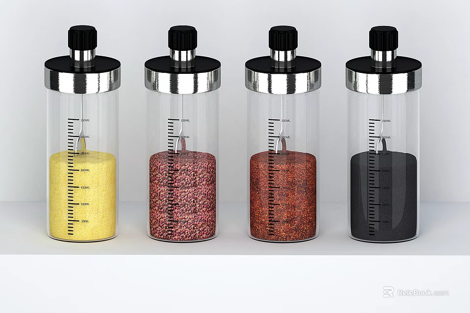 Transparent Spice Jars With Silver Lids Measurement Marks Containing Yellow Red Dark Red Black Spices 3d model 