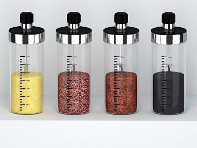 Transparent Spice Jars With Silver Lids Measurement Marks Containing Yellow Red Dark Red Black Spices 3d model
