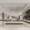 Modern Sales Office Interior With Spacious Design Hanging Chandelier And Decorative Painting