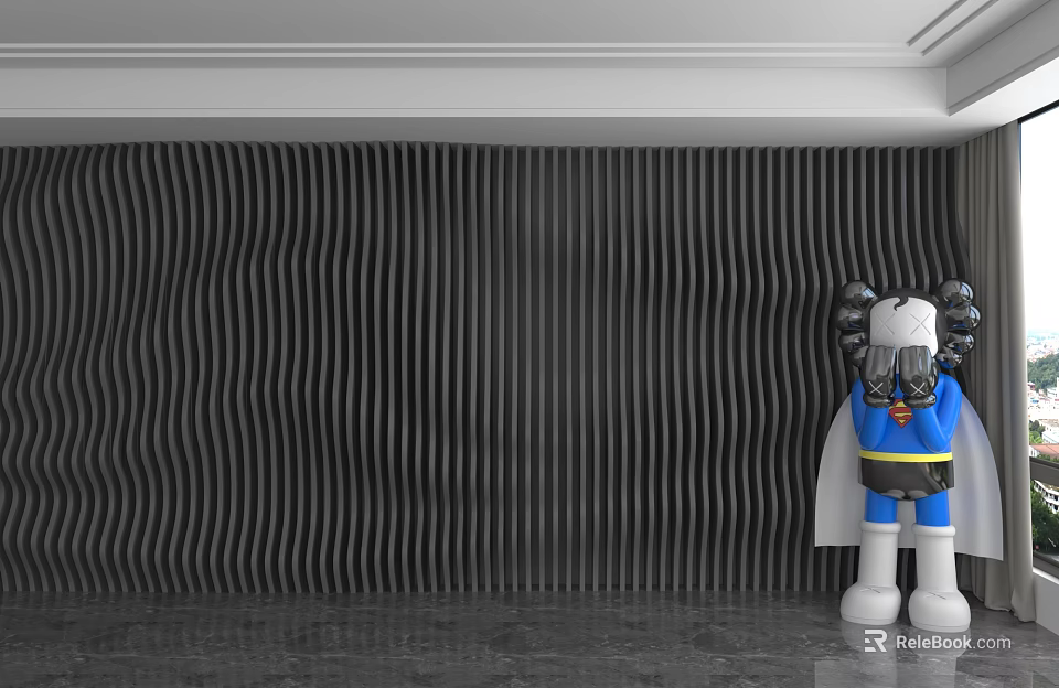 Black Wavy Background Wall Design With Blue Yellow Cartoon Figure And White Cloak 3d model 