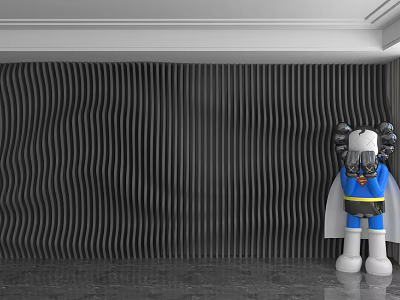 Black Wavy Background Wall Design With Blue Yellow Cartoon Figure And White Cloak 3d model