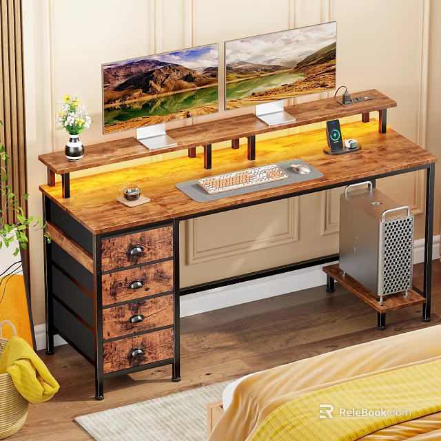 Modern Wooden Desk With Drawers Table Lamp Keyboard And Potted Plant 3d model 