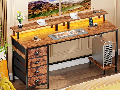 Modern Wooden Desk With Drawers Table Lamp Keyboard And Potted Plant 3d model