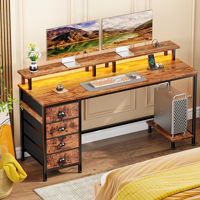 Modern Wooden Desk With Drawers Table Lamp Keyboard And Potted Plant 3d model
