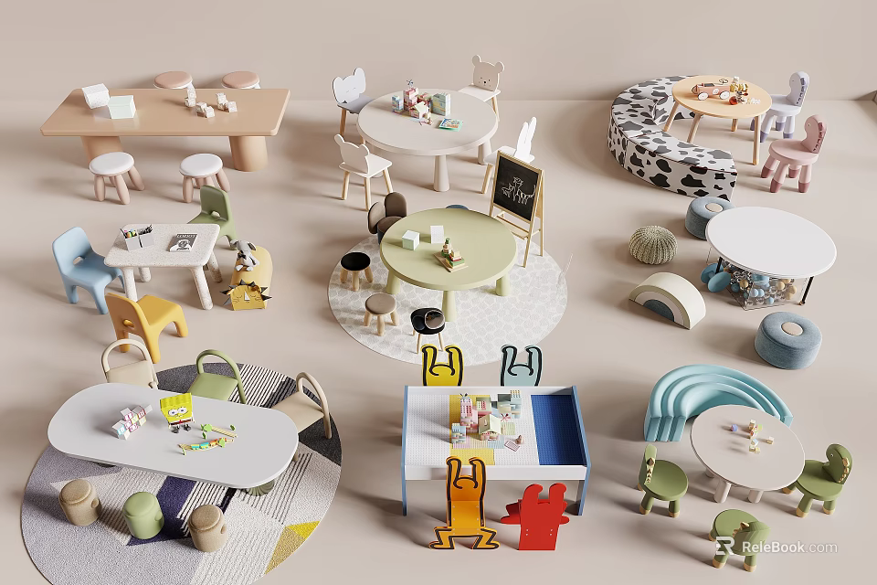 Kids Colorful Table And Chair Sets With Various Designs And Small Accessories 3d model 