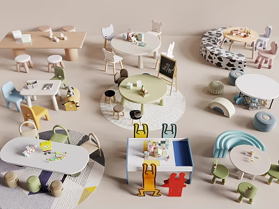 Kids Colorful Table And Chair Sets With Various Designs And Small Accessories 3d model