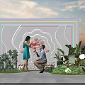 Romantic Photo Spot With Proposal Scene Pink Balloons Neon Frame Green Plants And Sunset Background