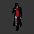 Man in Black Long Coat Red Top Colorful Pants and Black Cap