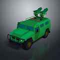 Green Military Tank Featuring Top Mounted Missile Launchers And Off Road Wheels