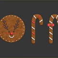 Antler Decorated Gingerbread Cookie With Smiley Face And Red White Striped Candy Canes With Icing