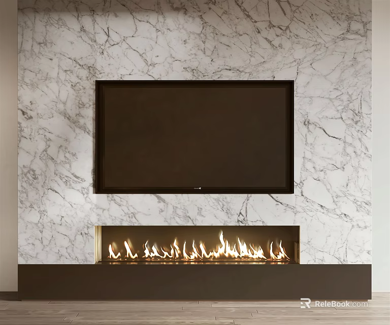 TV Wall with Marble Texture Background Mounted TV and Fireplace with Flame Effect 3d model