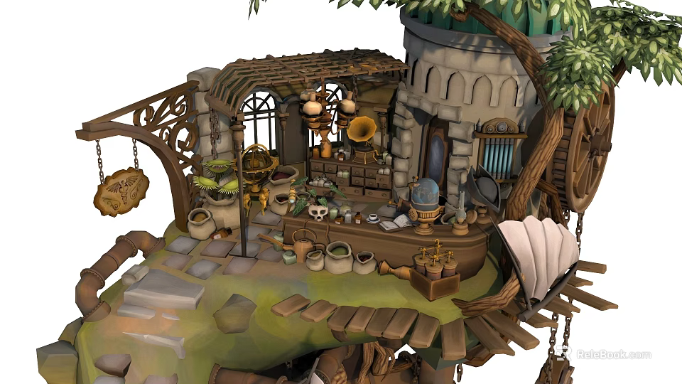 Cartoon Scene Of Fantasy Wooden Hut With Vines Shelves Pots And Hanging Decorations 3d model 